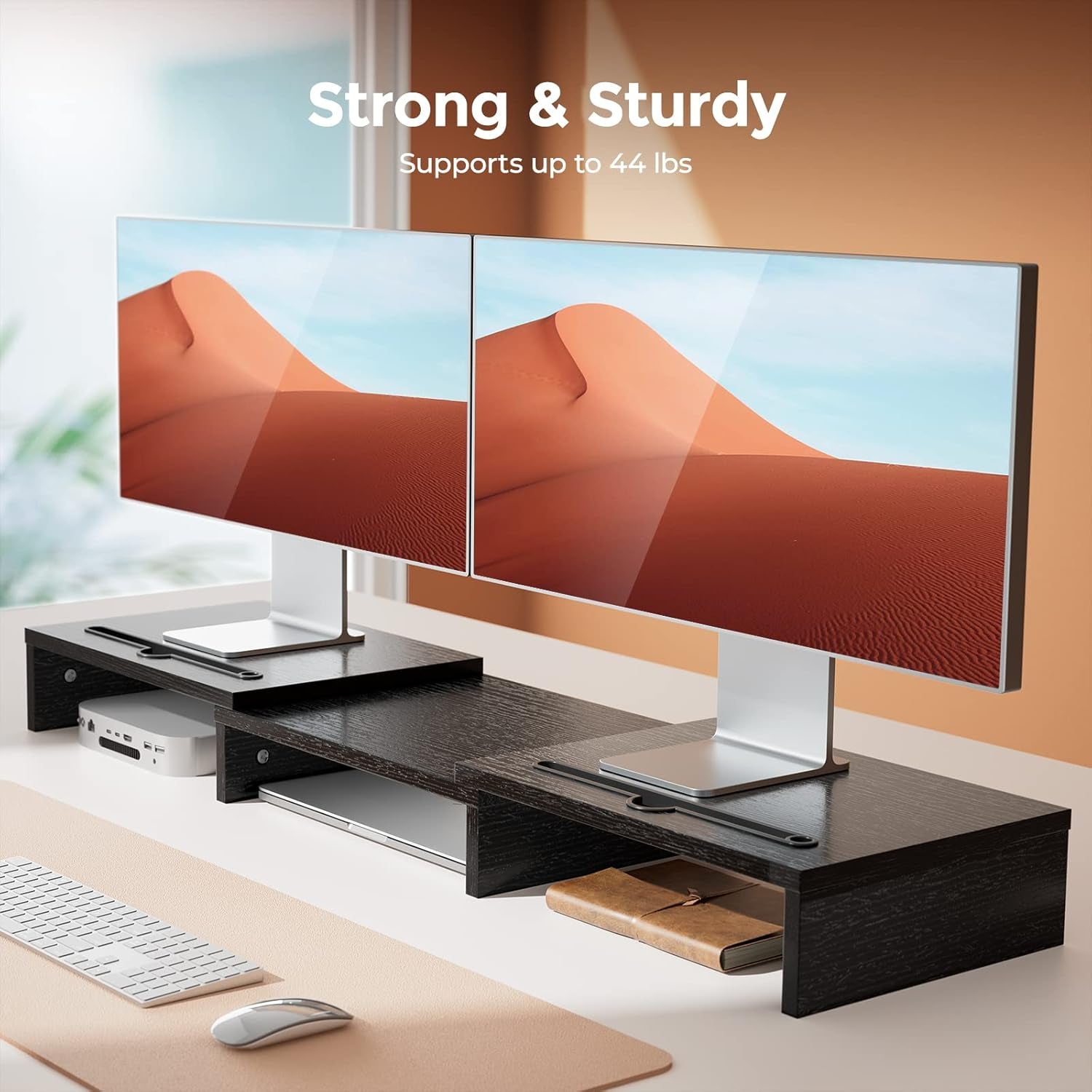 Monitor Stand Wood Material with Adjustable Length and Angle 2 Extra Functional Slot Monitor Riser Desktop Organiser Stand for PC Monitor Printer Etc. Black